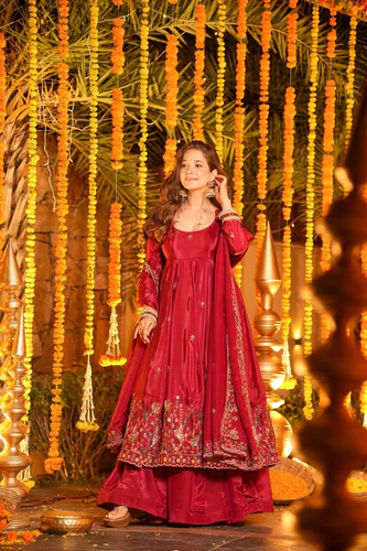 red designer heavy embroidered gown